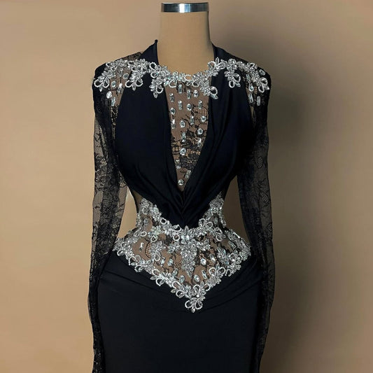 Gothic-Style Long Sleeve Square Neck Evening Dress Sheath Crystals Lace Black Prom Dress AP6464
