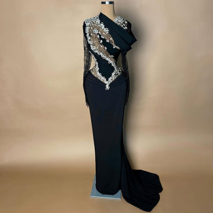Y2K Style Black Long Sleeve Asymmetric Neck Evening Dress Sheath Lace Crystals Prom Dress AP6465