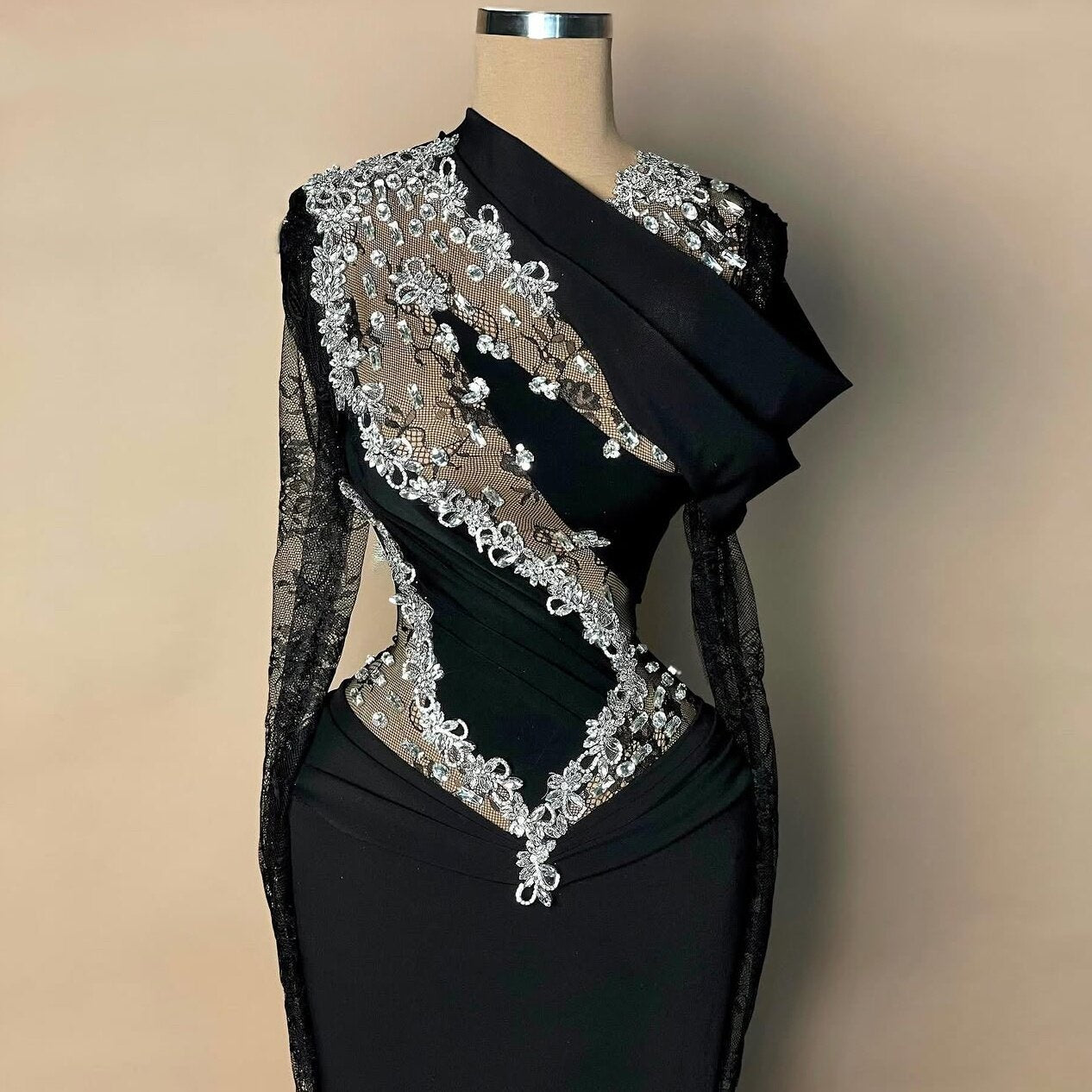 Y2K Style Black Long Sleeve Asymmetric Neck Evening Dress Sheath Lace Crystals Prom Dress AP6465