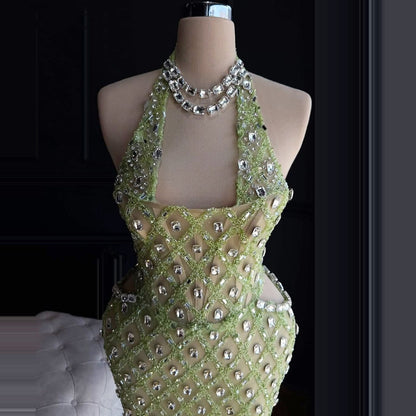 New Tendency Halter Neck Evening Gowns Sheath Crystals Prom Dress AP6466