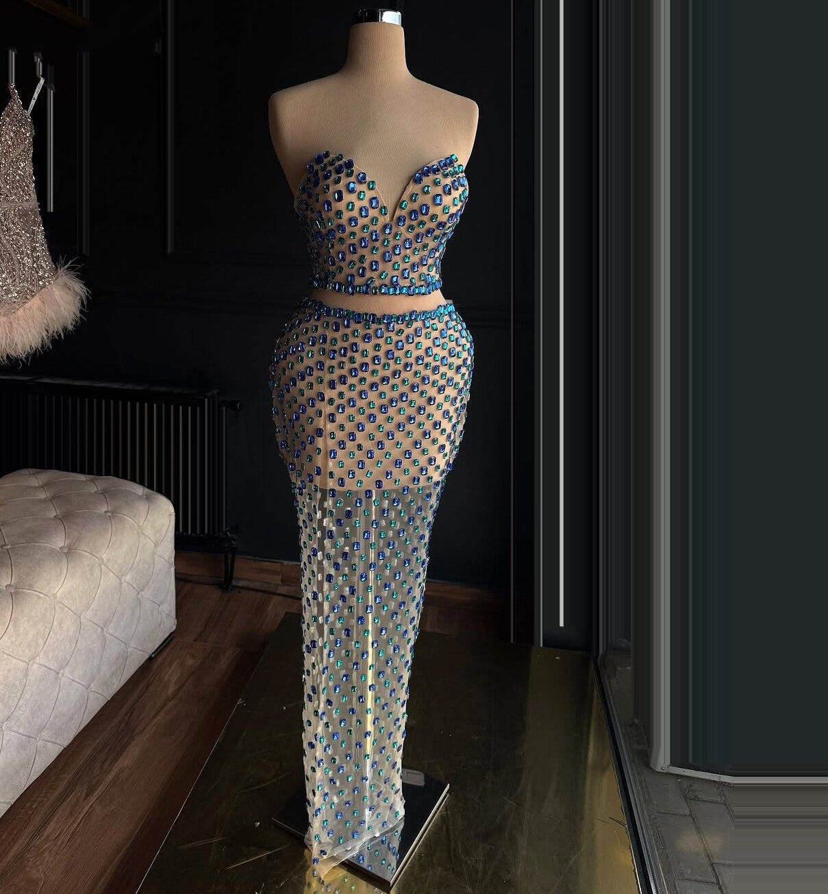 Boho-Inspired Sheath Strapless Evening Dresses Crystals Cutout Prom Dress AP6467