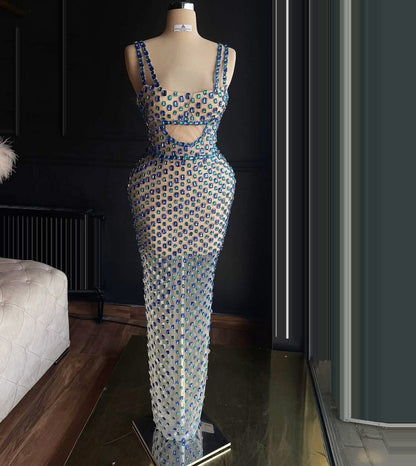 Exquisite Spaghetti Straps Sheath Evening Dresses Crystals Prom Dress AP6468