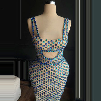 Exquisite Spaghetti Straps Sheath Evening Dresses Crystals Prom Dress AP6468
