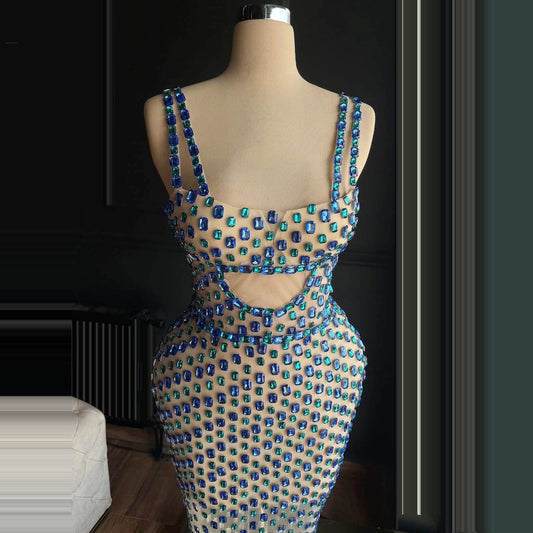 Exquisite Spaghetti Straps Sheath Evening Dresses Crystals Prom Dress AP6468