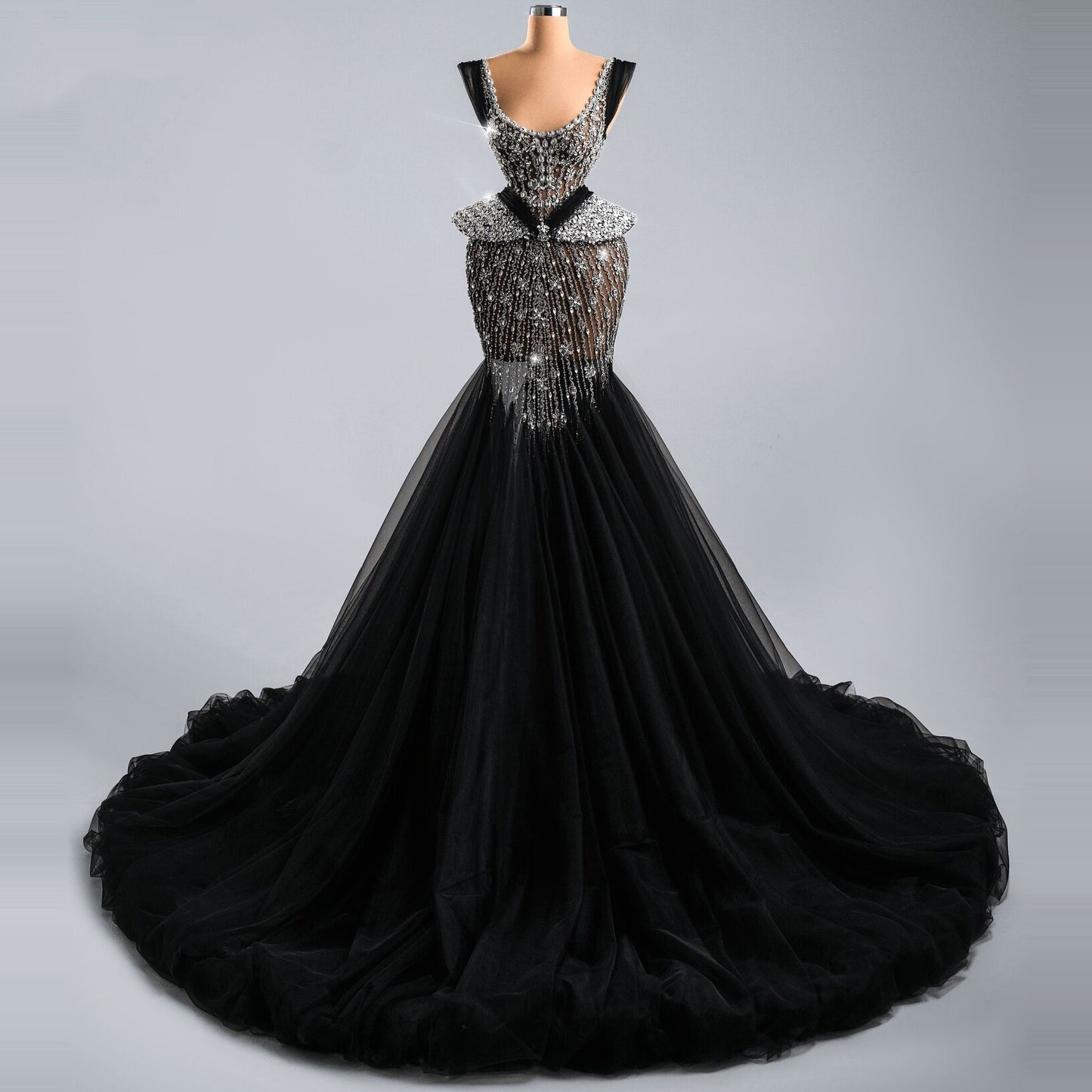 Beautiful Square Neck Sweet 16th Mermaid Dresses Crystals Black Tulle Prom Dress AP6469