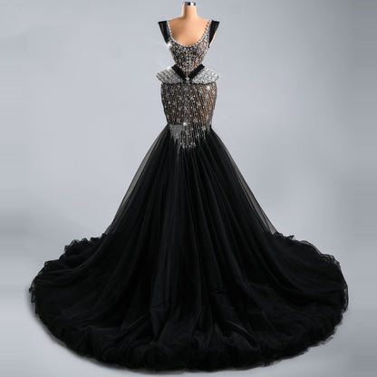 Beautiful Square Neck Sweet 16th Mermaid Dresses Crystals Black Tulle Prom Dress AP6469