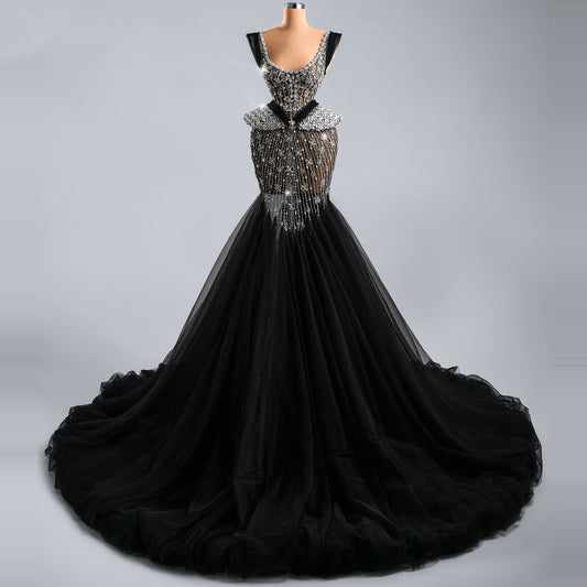 Beautiful Square Neck Sweet 16th Mermaid Dresses Crystals Black Tulle Prom Dress AP6469