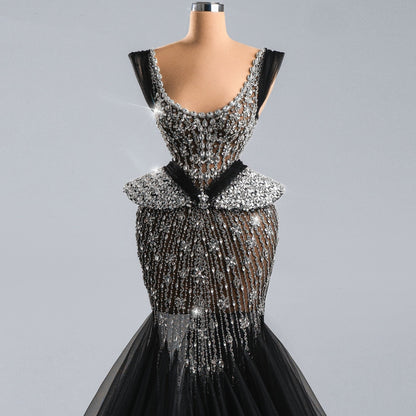 Beautiful Square Neck Sweet 16th Mermaid Dresses Crystals Black Tulle Prom Dress AP6469