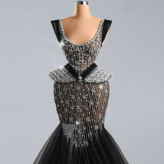 Beautiful Square Neck Sweet 16th Mermaid Dresses Crystals Black Tulle Prom Dress AP6469