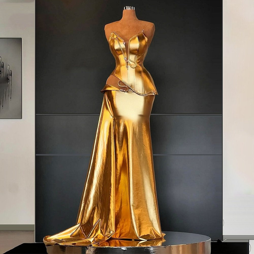 Enchanting Strapless Sweet 16th Mermaid Dresses Gold Cutout Prom Dress AP6470