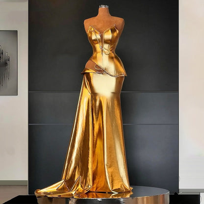 Enchanting Strapless Sweet 16th Mermaid Dresses Gold Cutout Prom Dress AP6470