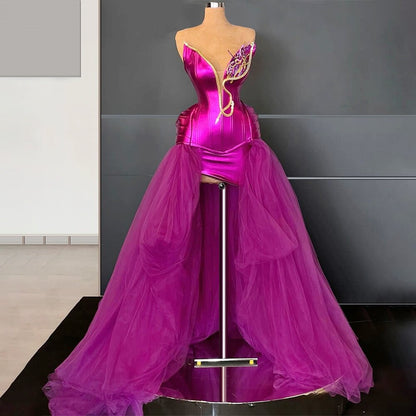 Superb A-Line Strapless Sweet 16th Gowns Slit Tulle Prom Dress AP6471
