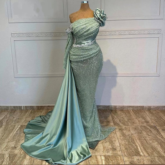 Wonderful One Shoulder Handmade Flowers Long Sleeve Evening Dress Sheath Sequins Beading Prom Dress AP6472