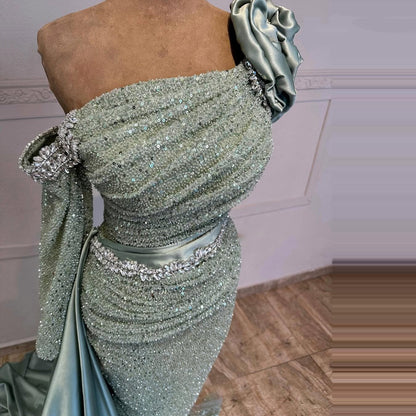 Wonderful One Shoulder Handmade Flowers Long Sleeve Evening Dress Sheath Sequins Beading Prom Dress AP6472