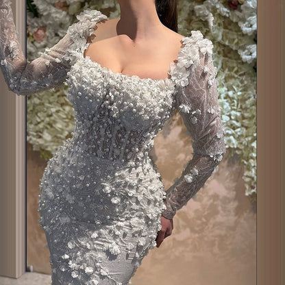 Amazing Square Neck Long Sleeve Pearls Bridal Mermaid Dress Appliques Sequins Wedding Dress AP6473