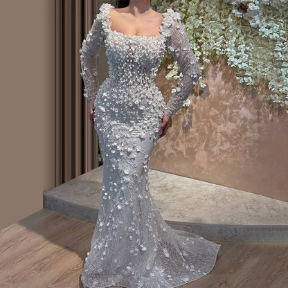Amazing Square Neck Long Sleeve Pearls Bridal Mermaid Dress Appliques Sequins Wedding Dress AP6473