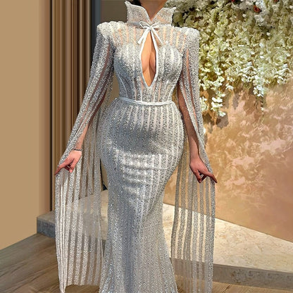Appealing Long Sleeve High Collar Evening Mermaid Dress Sequins Cutout Prom Dress AP6474