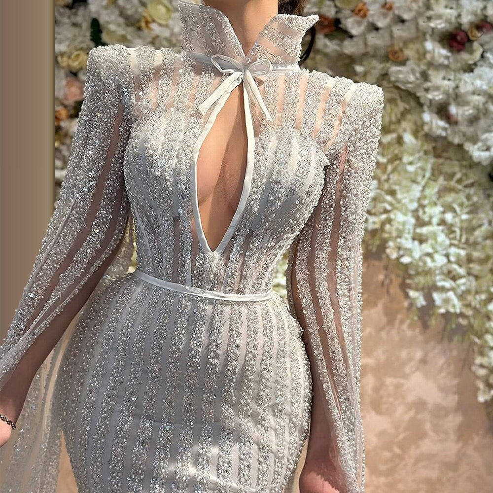 Appealing Long Sleeve High Collar Evening Mermaid Dress Sequins Cutout Prom Dress AP6474