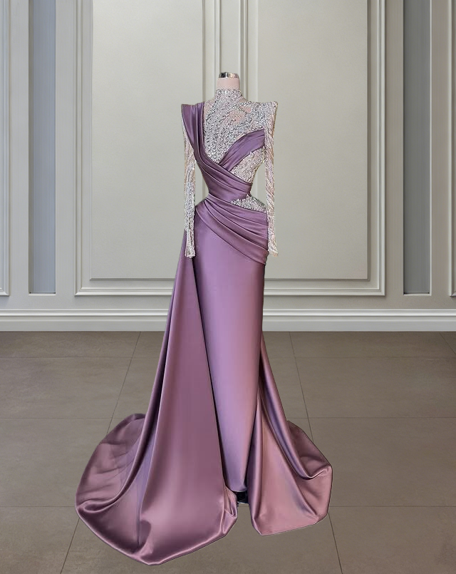 Fascinating Long Sleeve High Collar Evening Dress Sheath Satin Beading Prom Dress AP6475