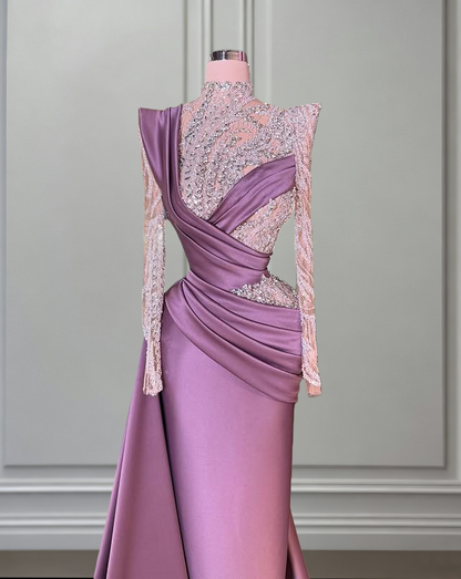 Fascinating Long Sleeve High Collar Evening Dress Sheath Satin Beading Prom Dress AP6475
