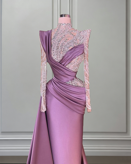 Fascinating Long Sleeve High Collar Evening Dress Sheath Satin Beading Prom Dress AP6475