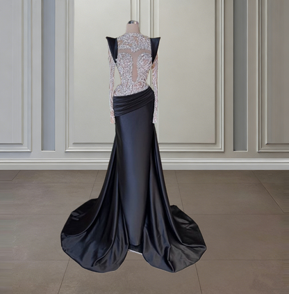 Splendid Long Sleeve Jewel Neck Black Evening Dress Sheath Beading Satin Prom Dress AP6476