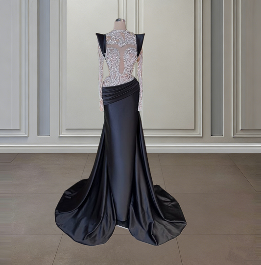 Splendid Long Sleeve Jewel Neck Black Evening Dress Sheath Beading Satin Prom Dress AP6476