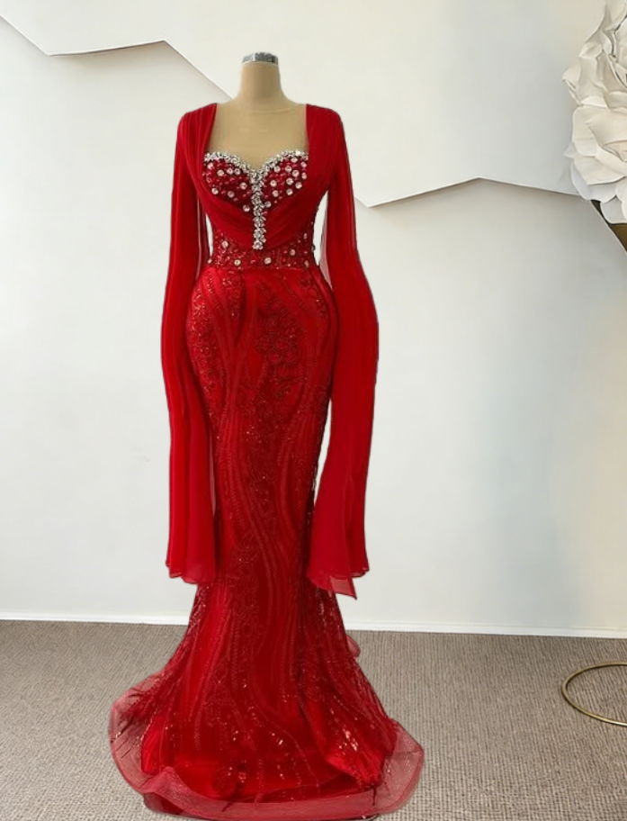 Shiny Long Sleeve Sweetheart Neck Evening Mermaid Dress Red Beading Crystals Prom Dress AP6478
