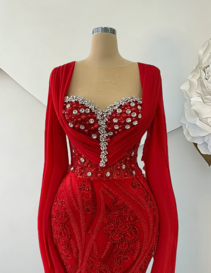 Shiny Long Sleeve Sweetheart Neck Evening Mermaid Dress Red Beading Crystals Prom Dress AP6478