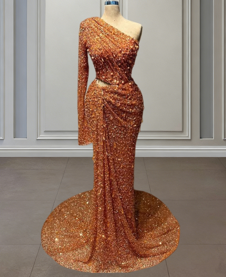 Avant-Garde Long Sleeve Asymmetric Neck Evening Dress Cutout Sheath Pearls Sequins Prom Dress AP6479