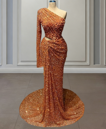 Avant-Garde Long Sleeve Asymmetric Neck Evening Dress Cutout Sheath Pearls Sequins Prom Dress AP6479