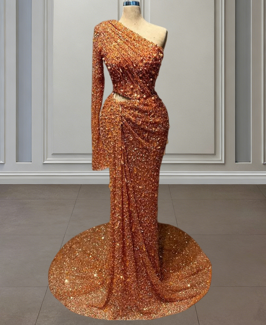 Avant-Garde Long Sleeve Asymmetric Neck Evening Dress Cutout Sheath Pearls Sequins Prom Dress AP6479