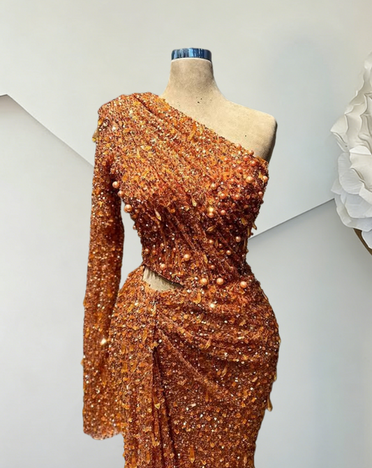 Avant-Garde Long Sleeve Asymmetric Neck Evening Dress Cutout Sheath Pearls Sequins Prom Dress AP6479