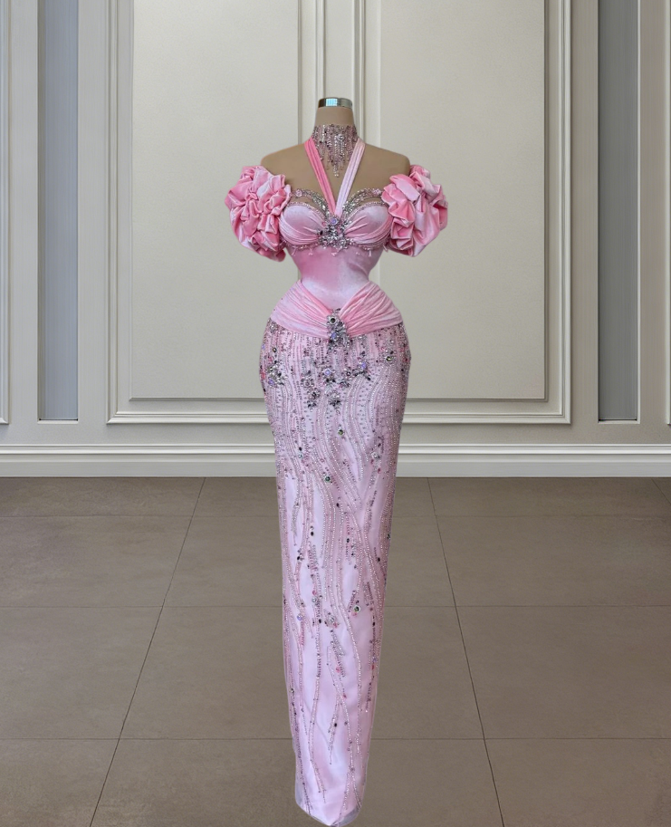 Eye-Catching Sheath Off-Shoulder Pink Evening Dresses Beading Rhinestones Prom Dress AP6480