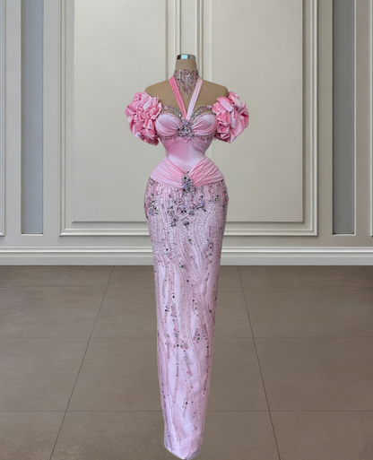 Eye-Catching Sheath Off-Shoulder Pink Evening Dresses Beading Rhinestones Prom Dress AP6480