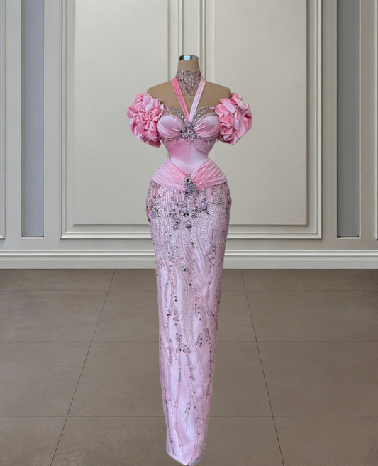 Eye-Catching Sheath Off-Shoulder Pink Evening Dresses Beading Rhinestones Prom Dress AP6480