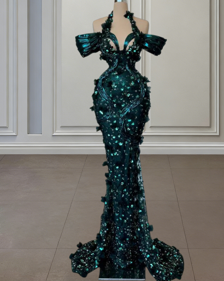 Fresh Cutout Off-Shoulder Mermaid Evening Dresses Appliques Sequins  Prom Dress AP6481