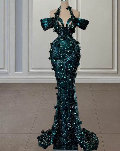 Fresh Cutout Off-Shoulder Mermaid Evening Dresses Appliques Sequins  Prom Dress AP6481