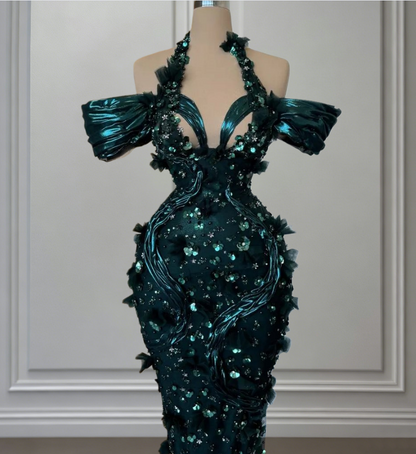 Fresh Cutout Off-Shoulder Mermaid Evening Dresses Appliques Sequins  Prom Dress AP6481