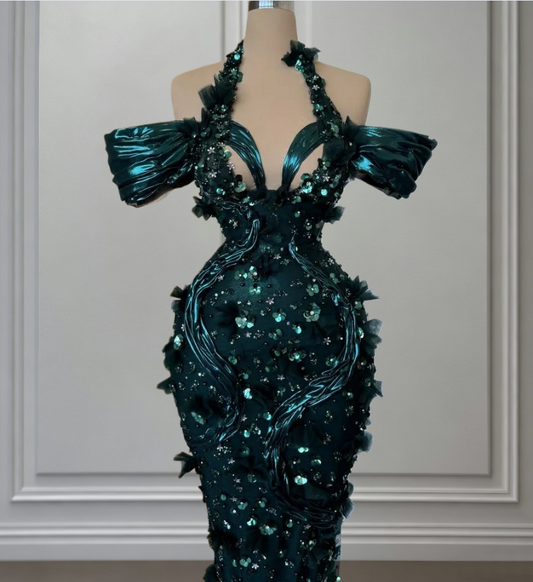 Fresh Cutout Off-Shoulder Mermaid Evening Dresses Appliques Sequins  Prom Dress AP6481