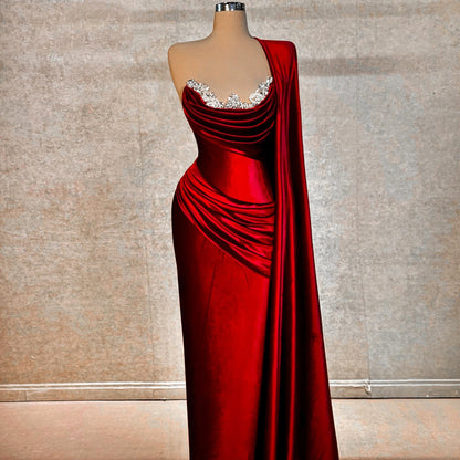 Sleek Long Sleeve Pleated One Shoulder Evening Dress Sheath Beading Red Prom Dress AP6482