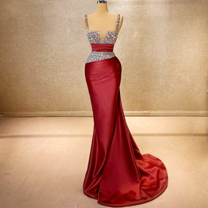 Lustrous Spaghetti Straps Mermaid Evening Dresses Crystals Red Prom Dress AP6485