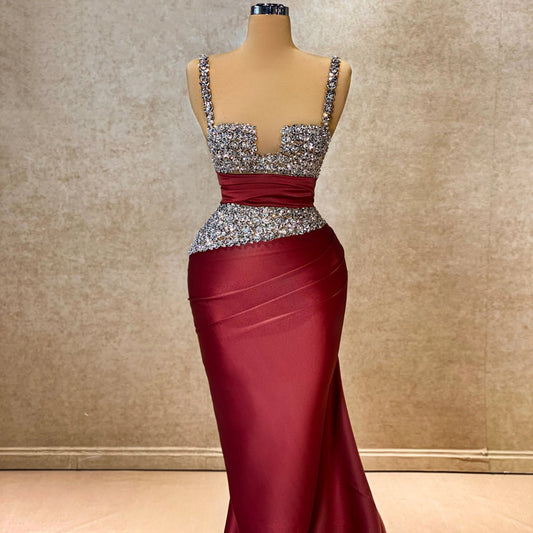Lustrous Spaghetti Straps Mermaid Evening Dresses Crystals Red Prom Dress AP6485