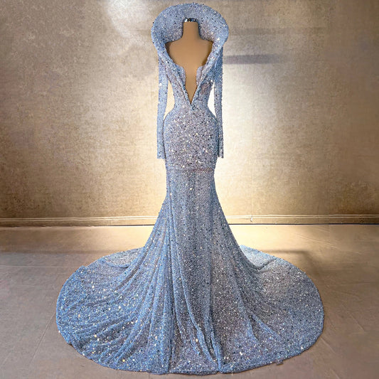 Romantic V Neck Evening Mermaid Dress Long Sleeve Sequins Prom Dress AP6486