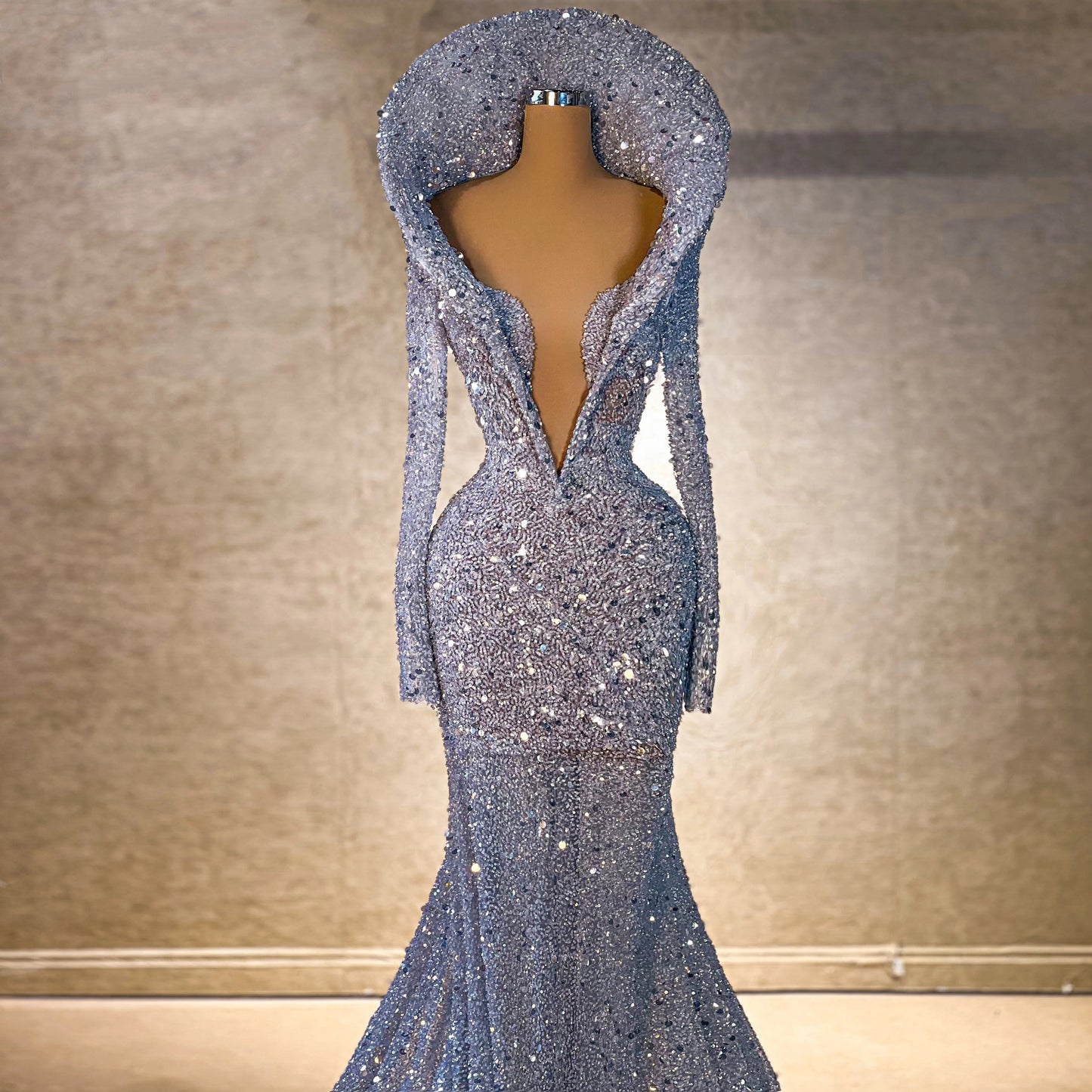 Romantic V Neck Evening Mermaid Dress Long Sleeve Sequins Prom Dress AP6486