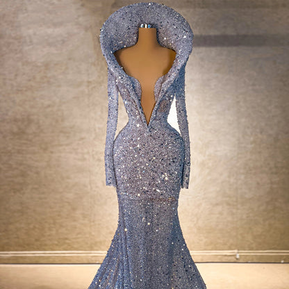 Romantic V Neck Evening Mermaid Dress Long Sleeve Sequins Prom Dress AP6486