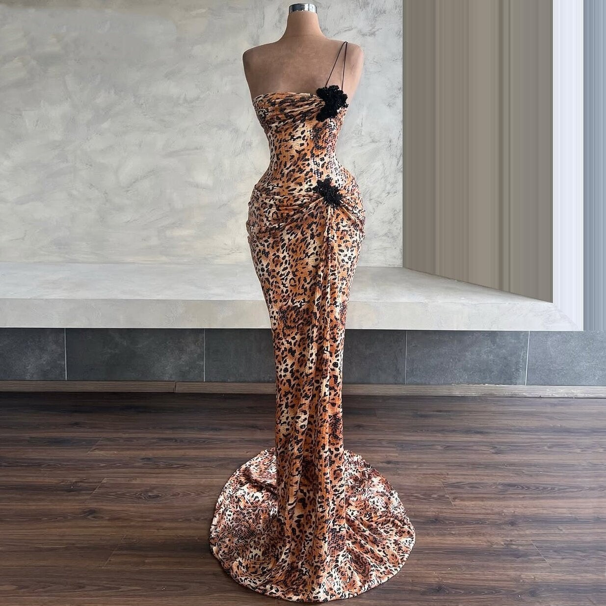 Ornate Sheath One Shoulder Sequins Evening Dresses Beading Appliques Leopard Prom Dress AP6487