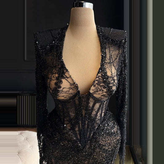 Fabulous Long Sleeve V Neck Evening Dress Sheath Beading Lace Sequins Prom Dress AP6488
