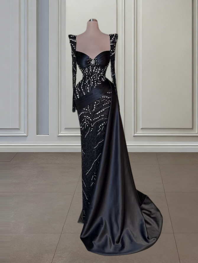 Luxurious Long Sleeve Sweetheart Neck Black Evening Dress Sheath Beading Crystals Prom Dress AP6490