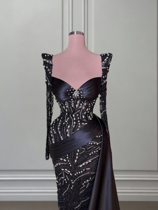 Luxurious Long Sleeve Sweetheart Neck Black Evening Dress Sheath Beading Crystals Prom Dress AP6490